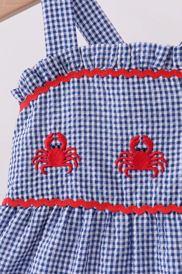 BLUE CRAB EMBROIDERY GINGHAM TIERED DRESS