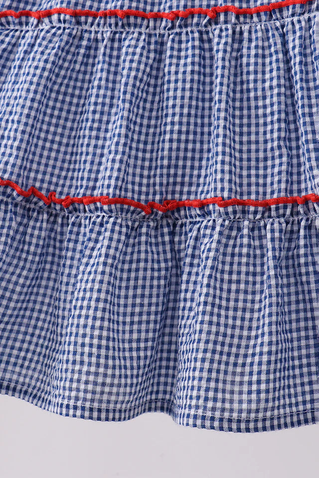 BLUE CRAB EMBROIDERY GINGHAM TIERED DRESS