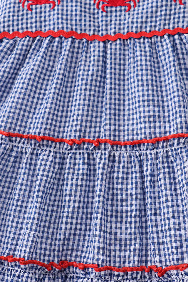 BLUE CRAB EMBROIDERY GINGHAM TIERED DRESS