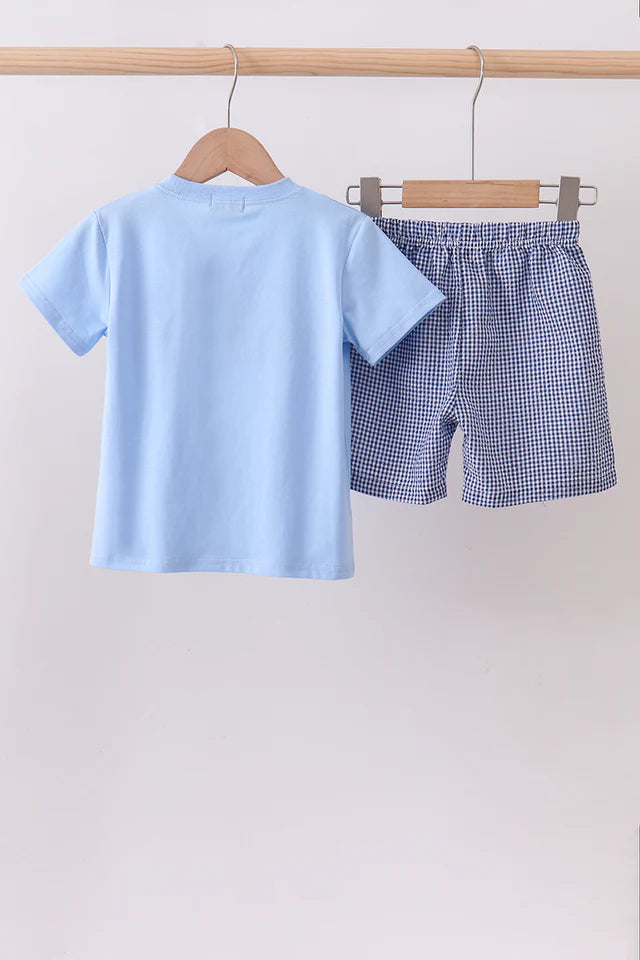 BLUE CRAB EMBROIDERY GINGHAM SHORTS SET
