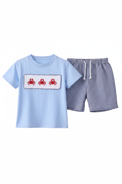 BLUE CRAB EMBROIDERY GINGHAM SHORTS SET