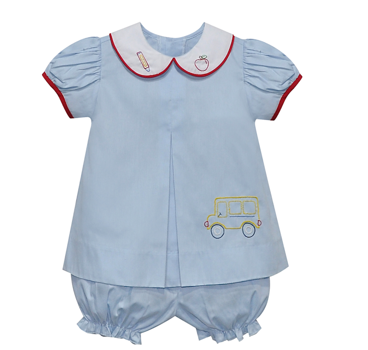 Blue Embroidered School Bus Bloomer Set