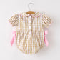 Fall Thanksgiving Lapel Plaid Turkey Embroidery Smocking Bow Baby Girls Romper