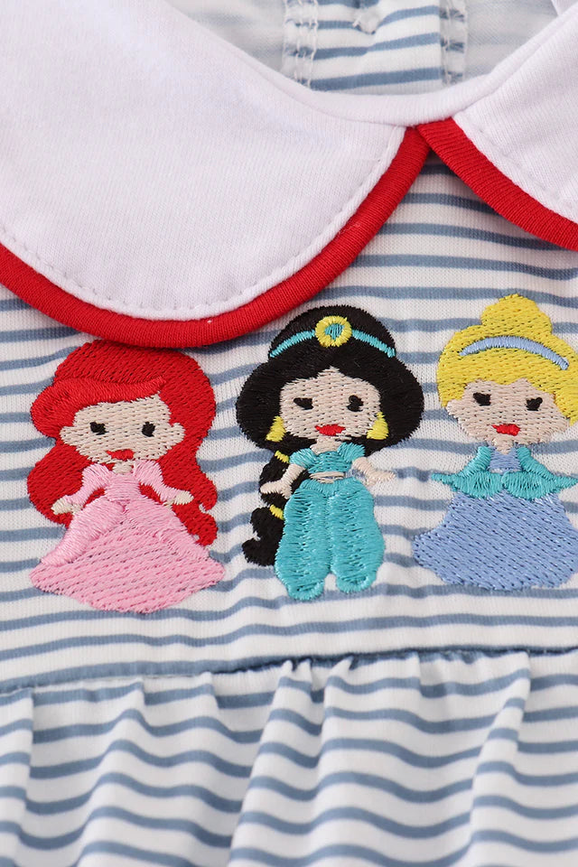 BLUE PRINCESS EMBROIDERY STRIPE RUFFLE BUBBLE