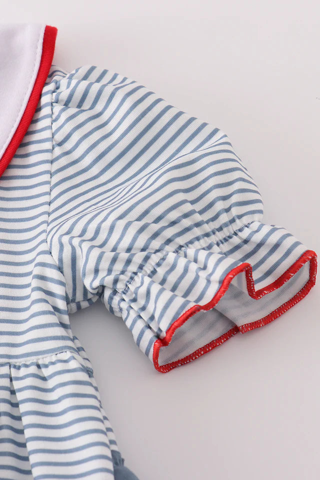 BLUE PRINCESS EMBROIDERY STRIPE RUFFLE BUBBLE