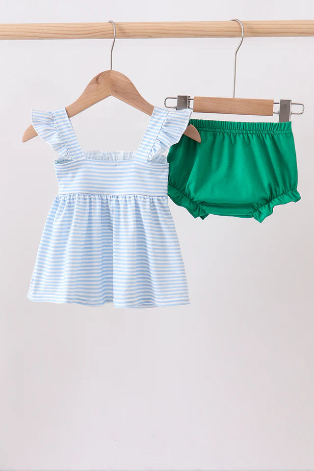 BLUE STRIPE DUCK FRENCH KNOT RUFFLE BLOOMER SET