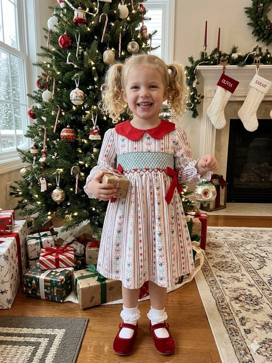 HAnd Smocked Christmas geometric bow girl dress