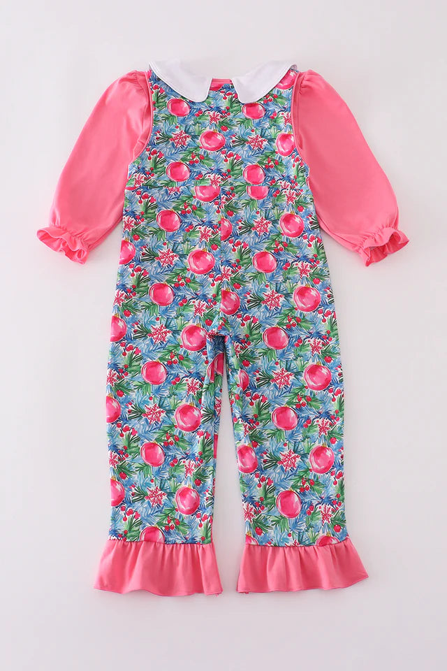 BLUE CHRISTMAS TREE SMOCKED RUFFLE JUMPSUIT SET