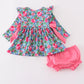BLUE CHRISTMAS TREE SMOCKED RUFFLE BLOOMER SET