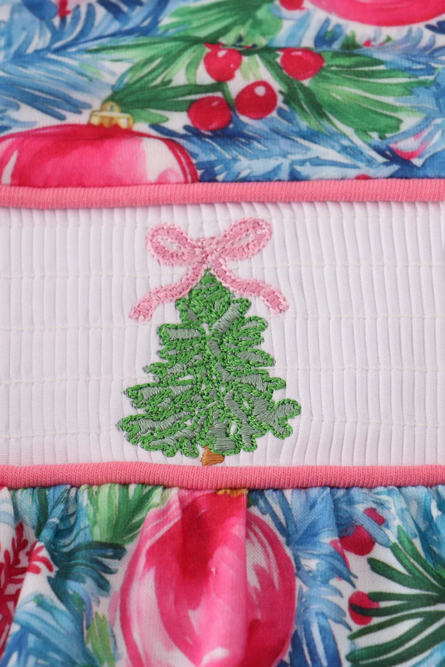 BLUE CHRISTMAS TREE SMOCKED RUFFLE PANTS SET