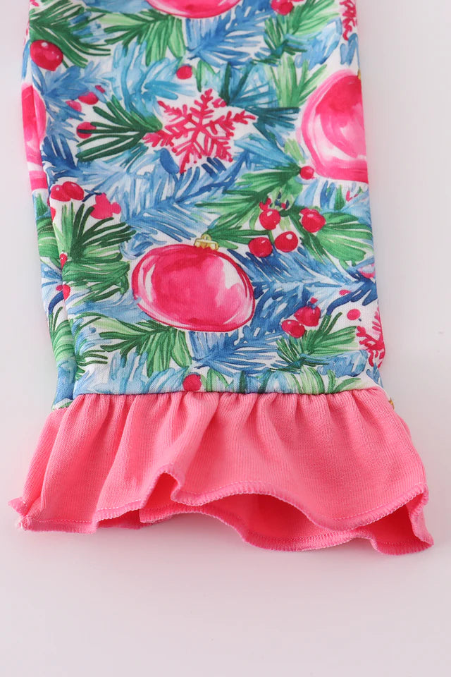 BLUE CHRISTMAS TREE SMOCKED RUFFLE PANTS SET