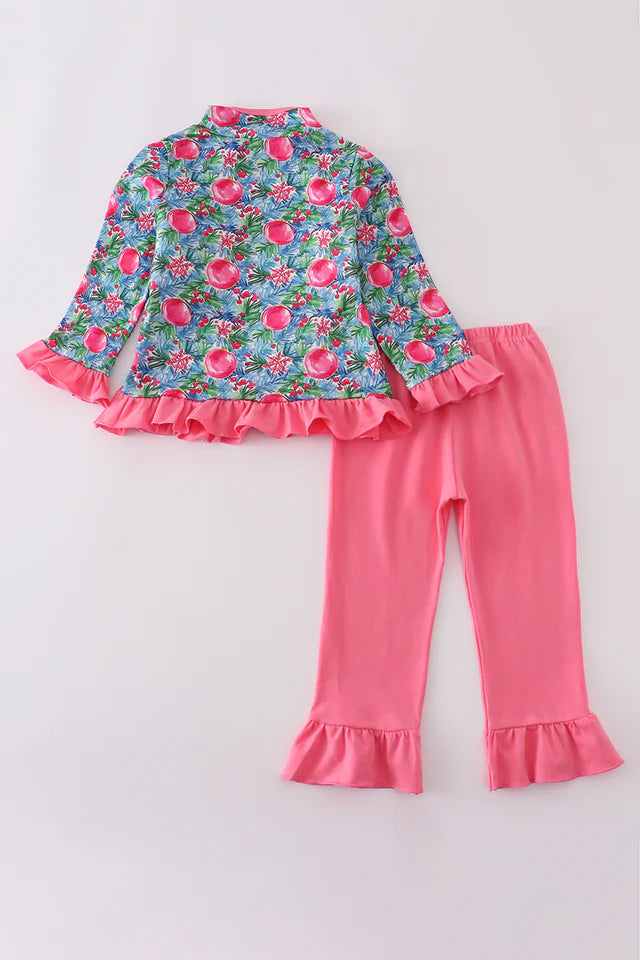 BLUE CHRISTMAS TREE SMOCKED RUFFLE PANTS SET