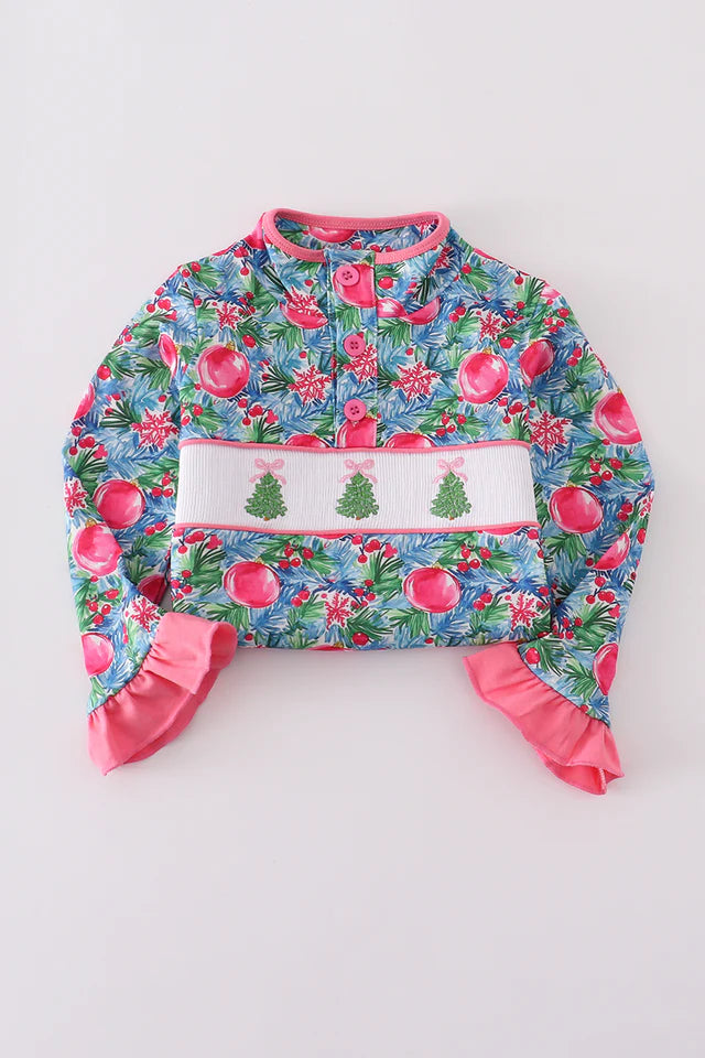 BLUE CHRISTMAS TREE SMOCKED RUFFLE PANTS SET
