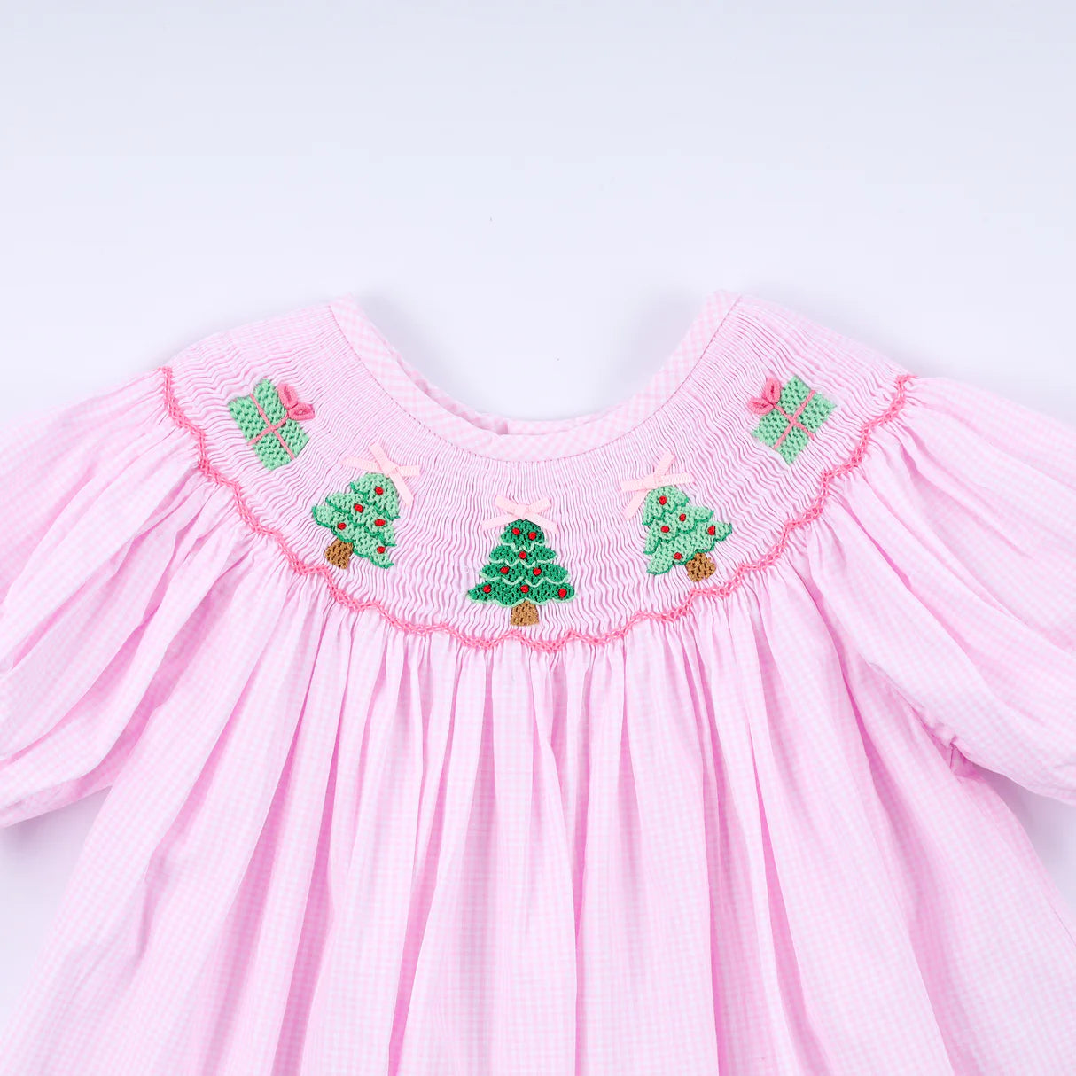 PINK CHRISTMAS TREE HAND SMOCKED RUFFLE PANTS SET