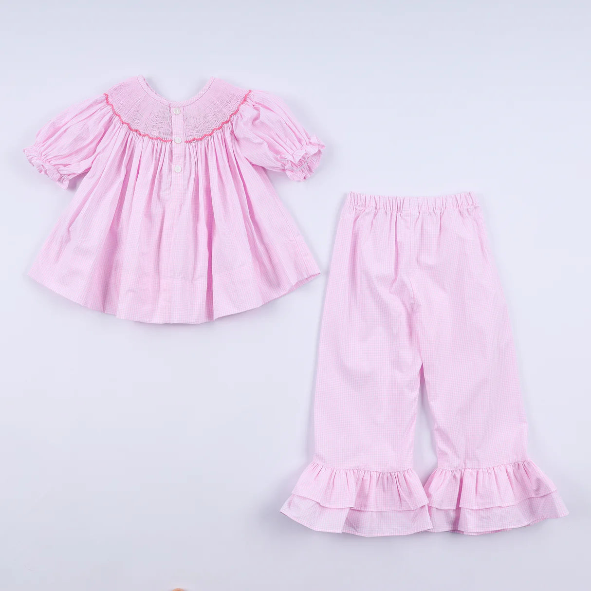 PINK CHRISTMAS TREE HAND SMOCKED RUFFLE PANTS SET