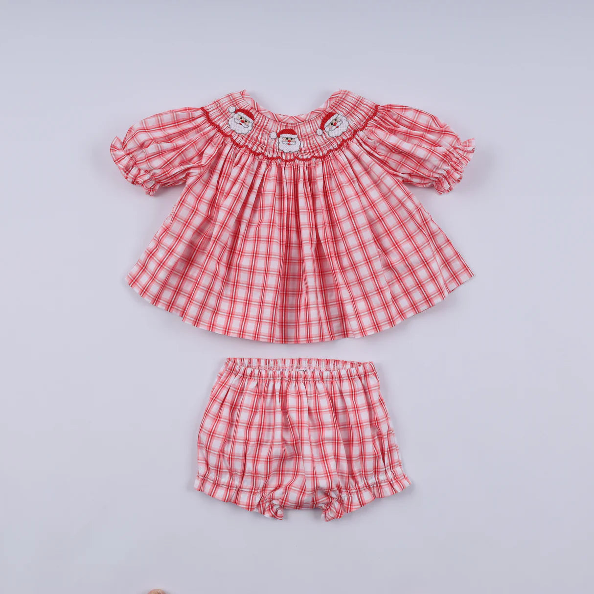 RED CHRISTMAS SANTA CLAUS HAND SMOCKED PLAID BLOOMER SET