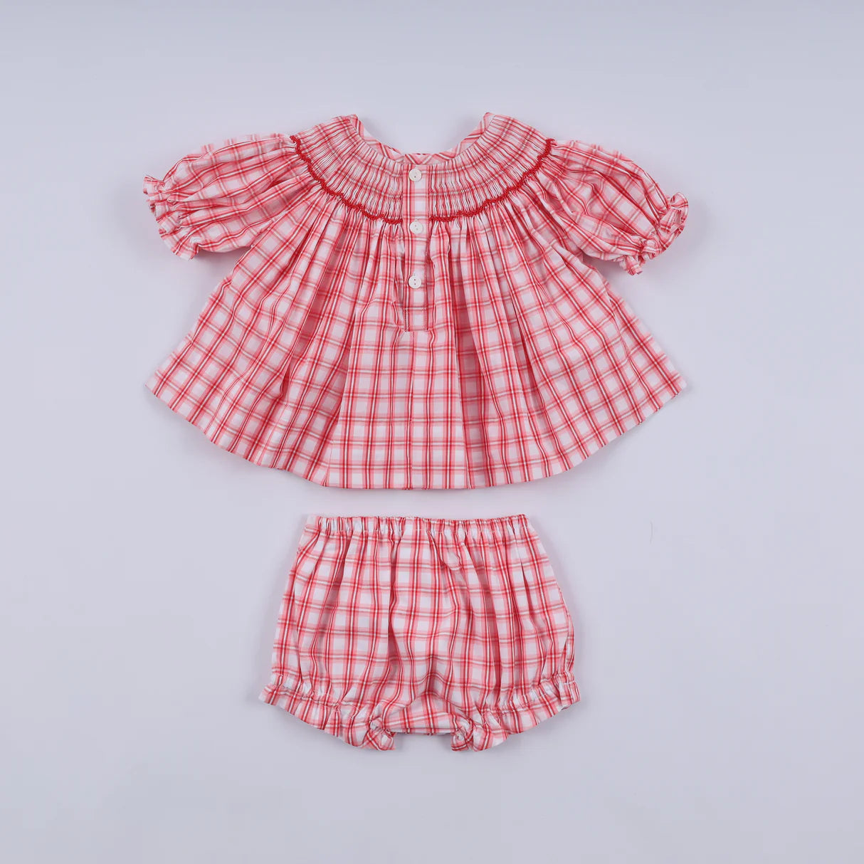 RED CHRISTMAS SANTA CLAUS HAND SMOCKED PLAID BLOOMER SET