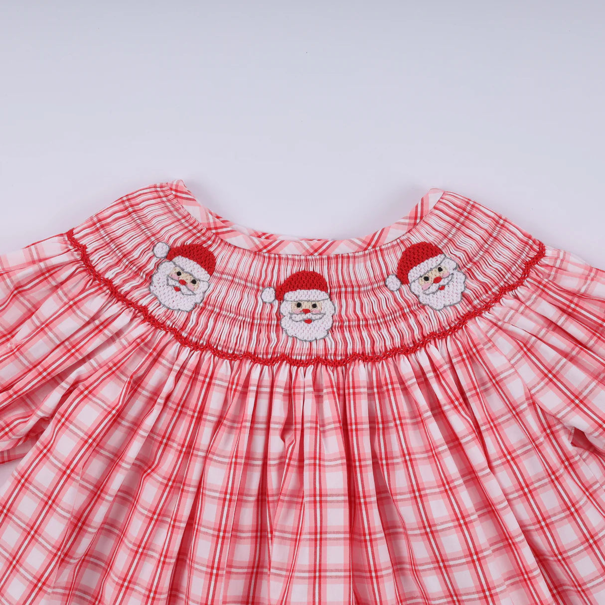 RED CHRISTMAS SANTA CLAUS HAND SMOCKED PLAID RUFFLE PANTS SET