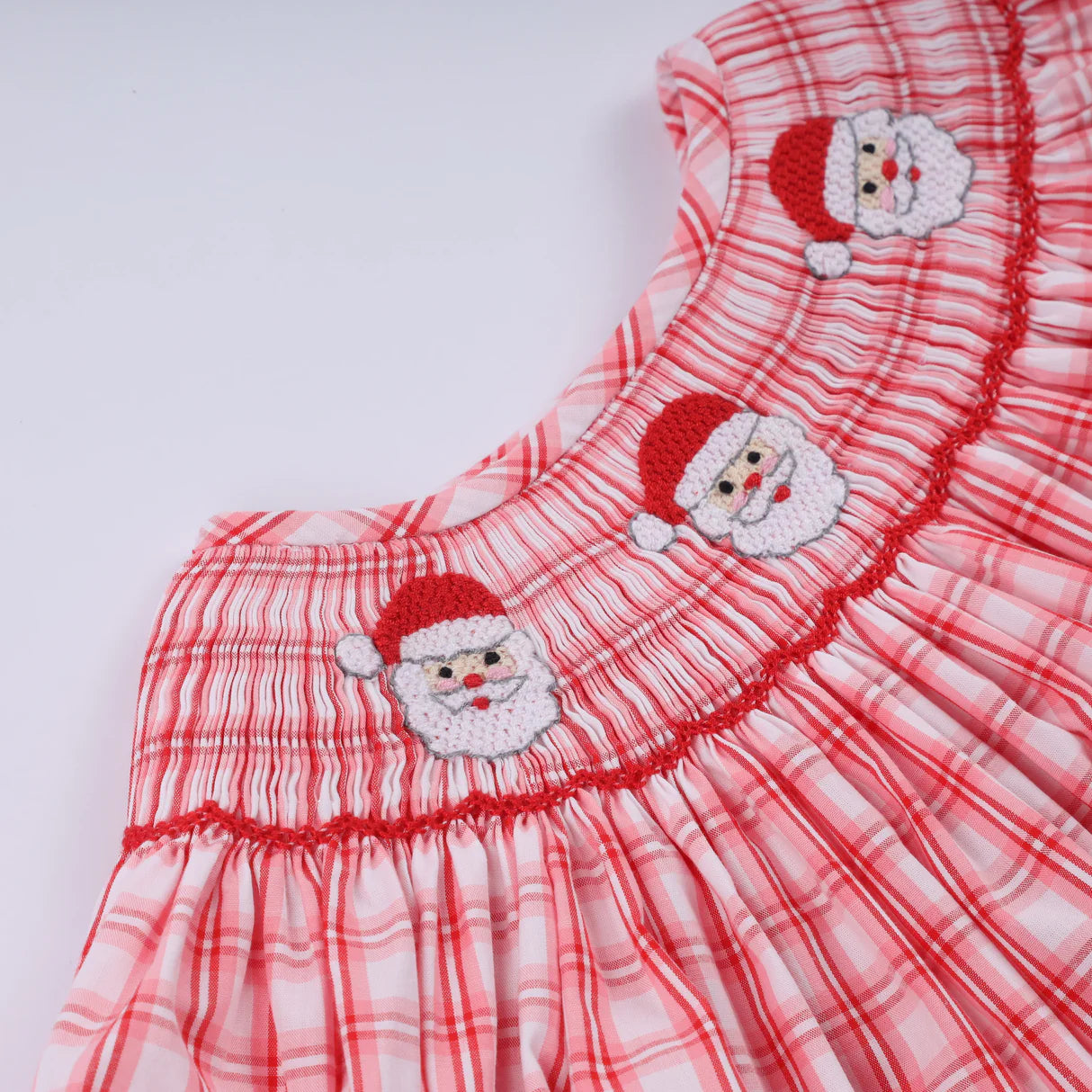 RED CHRISTMAS SANTA CLAUS HAND SMOCKED PLAID RUFFLE PANTS SET