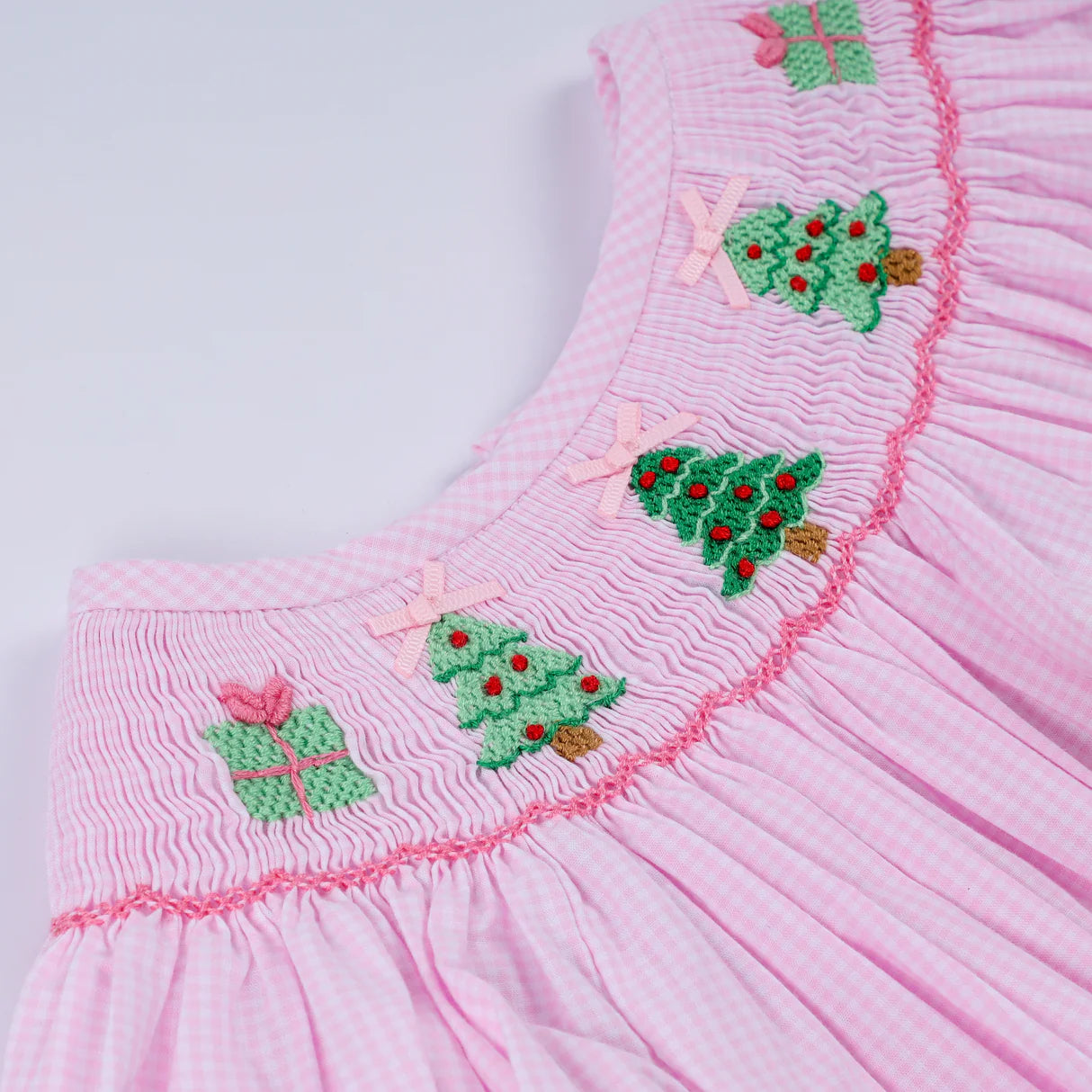 PINK CHRISTMAS TREE HAND SMOCKED RUFFLE ROMPER