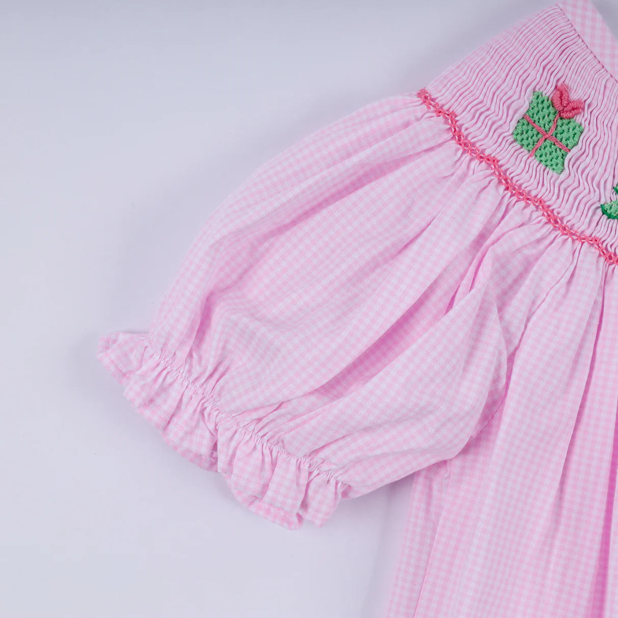 PINK CHRISTMAS TREE HAND SMOCKED RUFFLE ROMPER