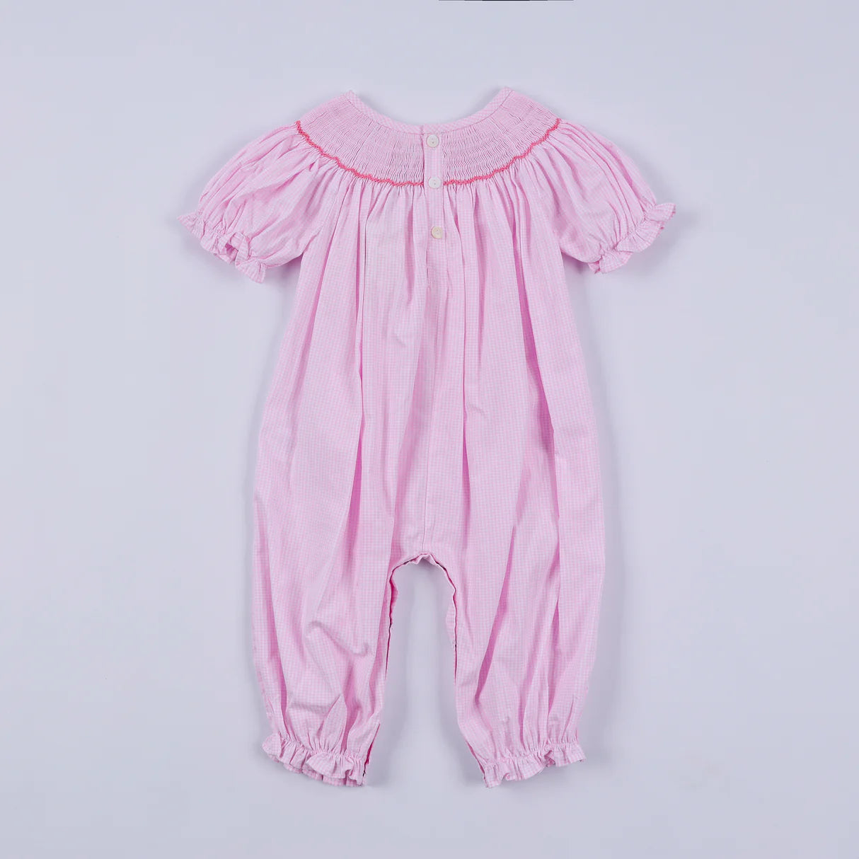 PINK CHRISTMAS TREE HAND SMOCKED RUFFLE ROMPER