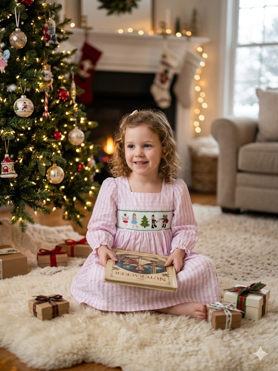 Girls Hand Smocked Nutcracker Pink and White Dress
