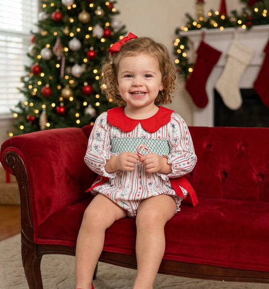 HAnd Smocked Christmas geometric bow girl bubble