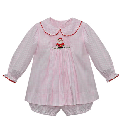Pink Santa Smocked Bloomer Set