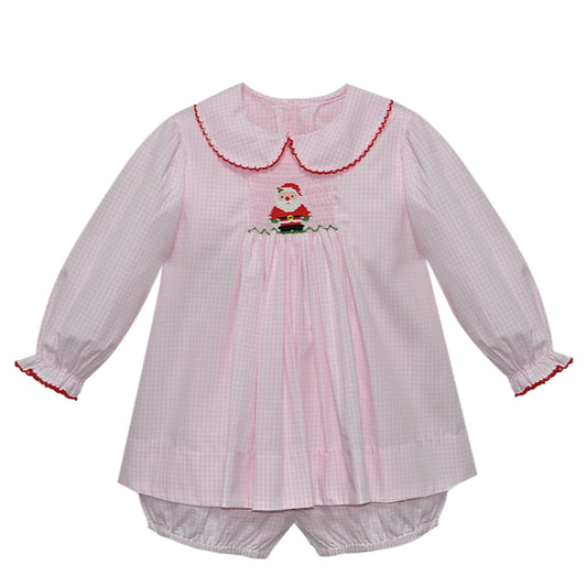 Pink Santa Smocked Bloomer Set