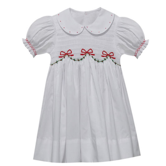 White Smocked Heirloom Christmas Ribbons Dress