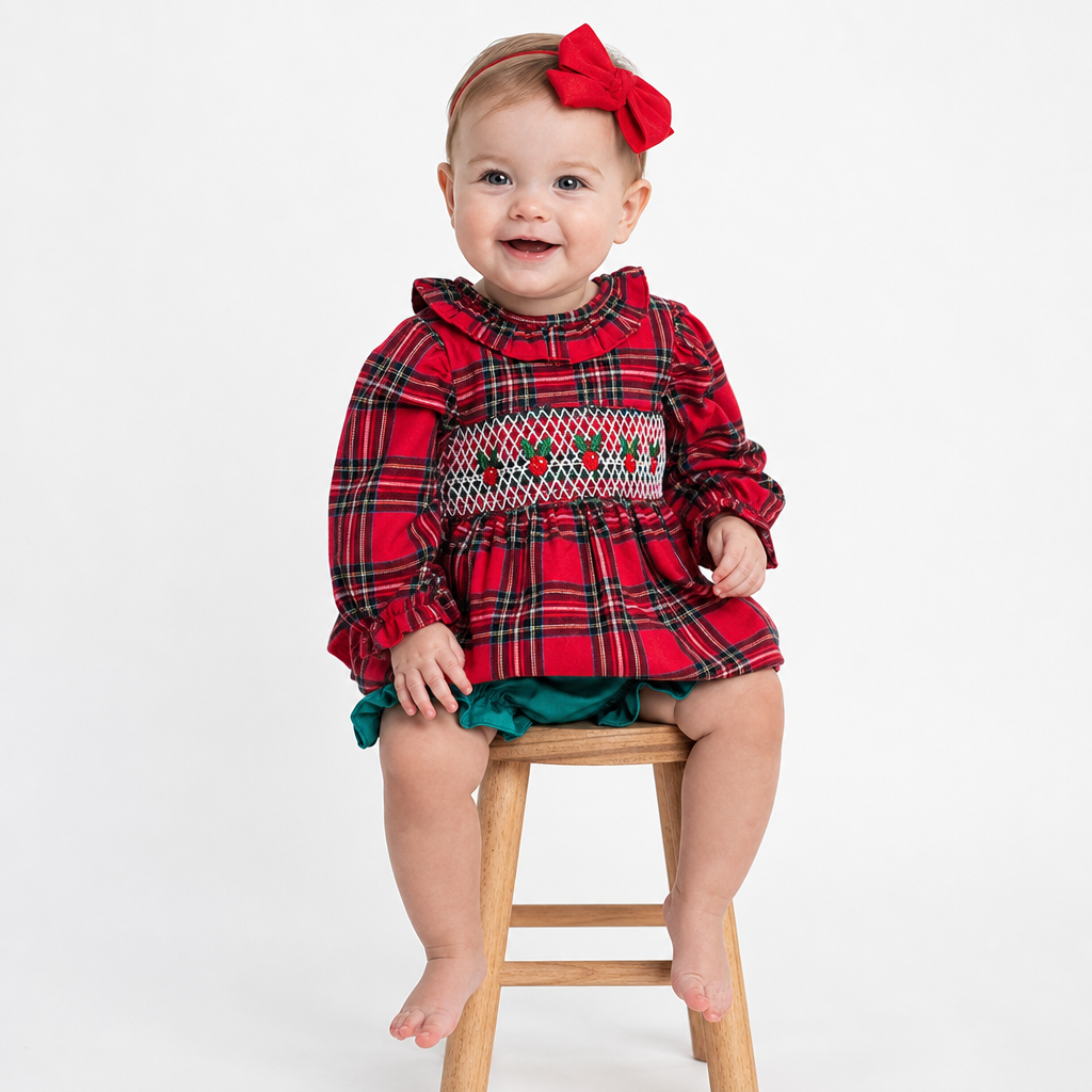 Christmas Holly Berry Smocked Girl Bubble