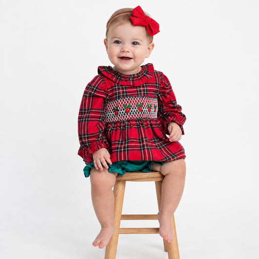 Christmas Holly Berry Smocked Girl Bubble