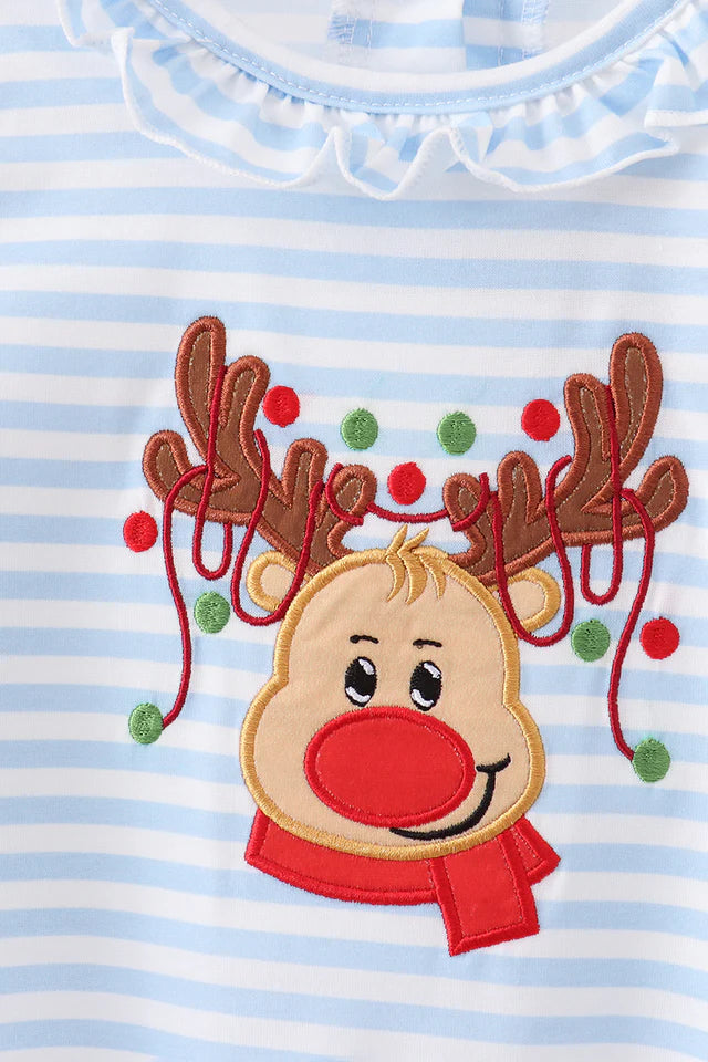 BLUE STRIPE REINDEER APPLIQUE RUFFLE ROMPER-Girls