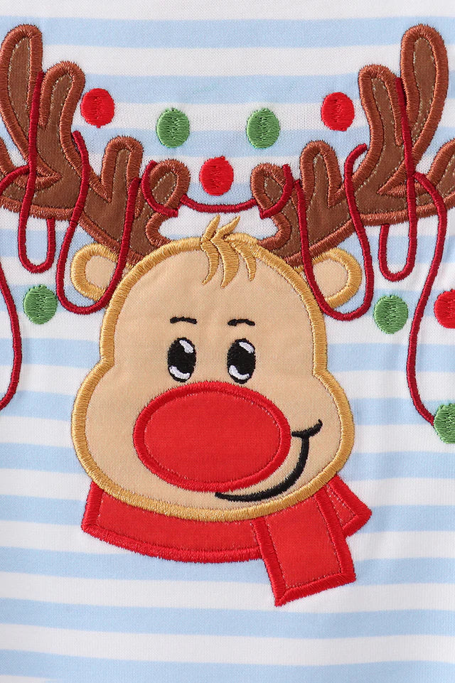 BLUE STRIPE REINDEER APPLIQUE ROMPER-Boys