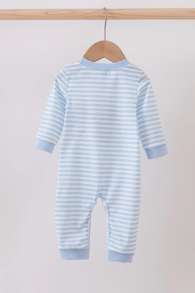 BLUE STRIPE REINDEER APPLIQUE ROMPER-Boys