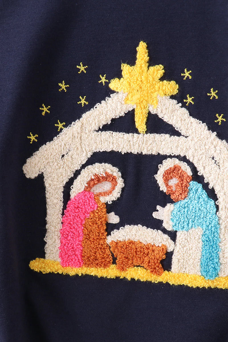 NAVY NATIVITY FRENCH KNOT RUFFLE BUBBLE