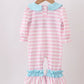PINK CHRISTMAS TREE SMOCKED   STRIPE RUFFLE ROMPER