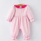 Christmas Santa Applique Pink Striped Baby Girls Romper with Red Ruffle Trim