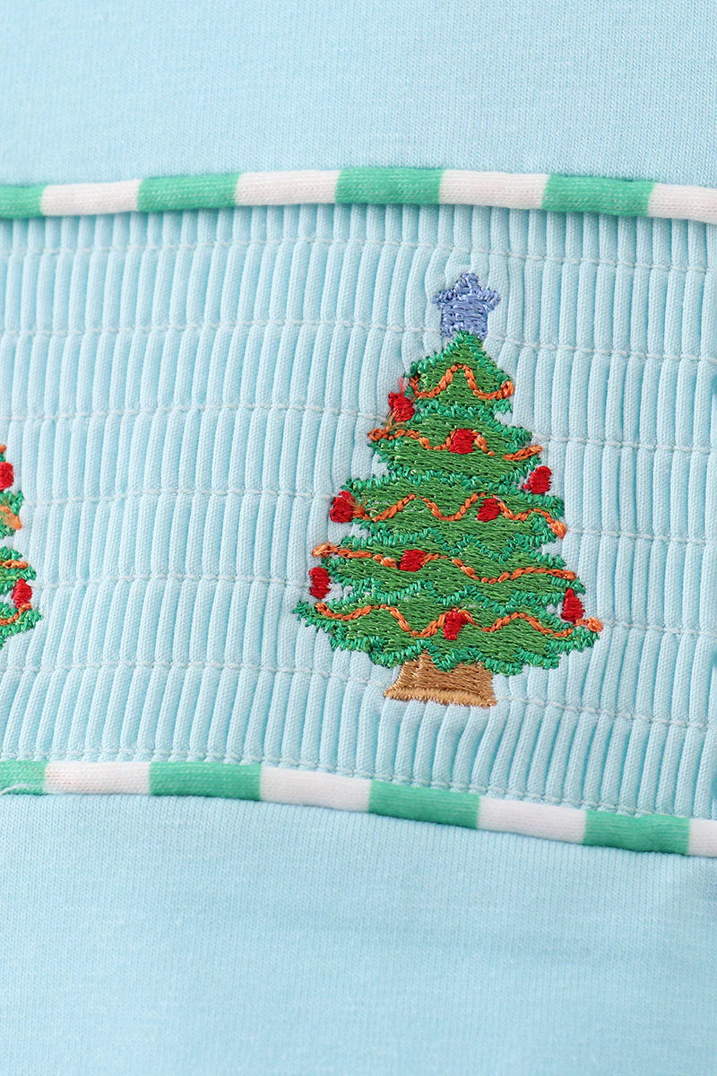 BLUE CHRISTMAS TREE SMOCKED STRIPE PANTS SET