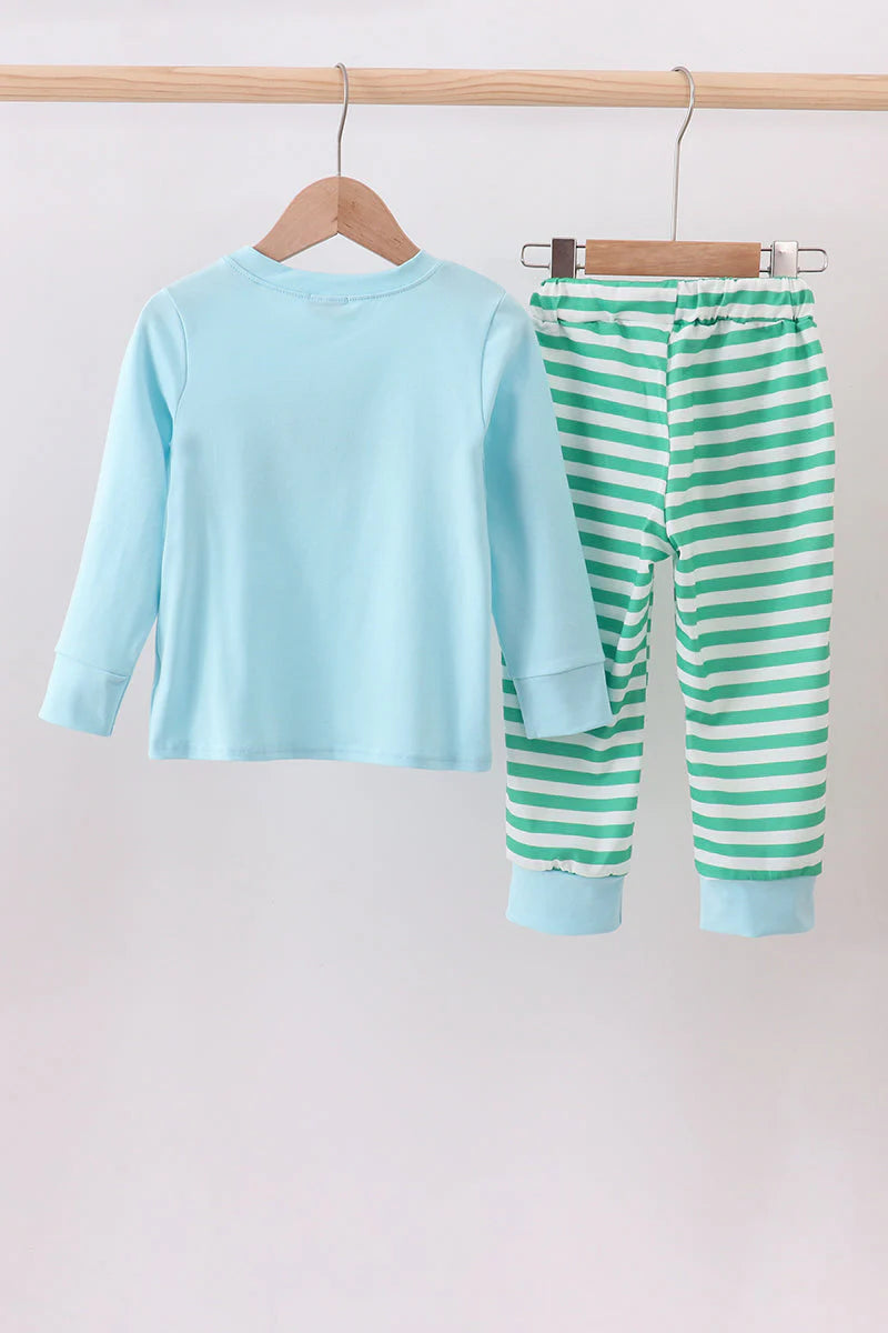 BLUE CHRISTMAS TREE SMOCKED STRIPE PANTS SET