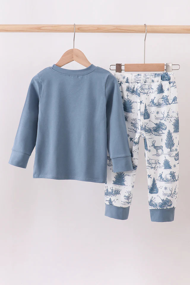BLUE CHRISTMAS  VINTAGE REINDEER EMBROIDERY PANTS SET