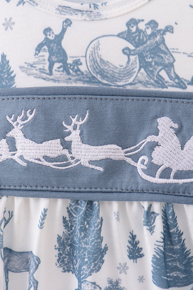 BLUE CHRISTMAS REINDEER EMBROIDERY RUFFLE BUBBLE