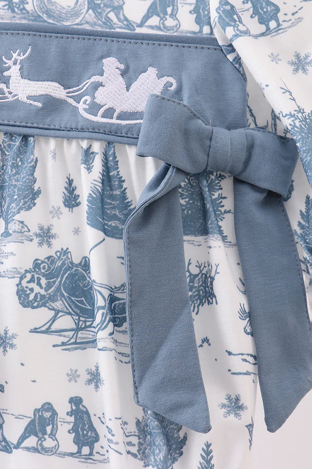 BLUE CHRISTMAS REINDEER EMBROIDERY RUFFLE BUBBLE