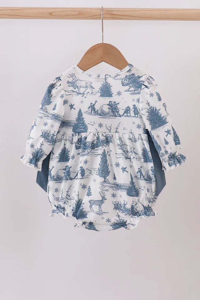 BLUE CHRISTMAS REINDEER EMBROIDERY RUFFLE BUBBLE