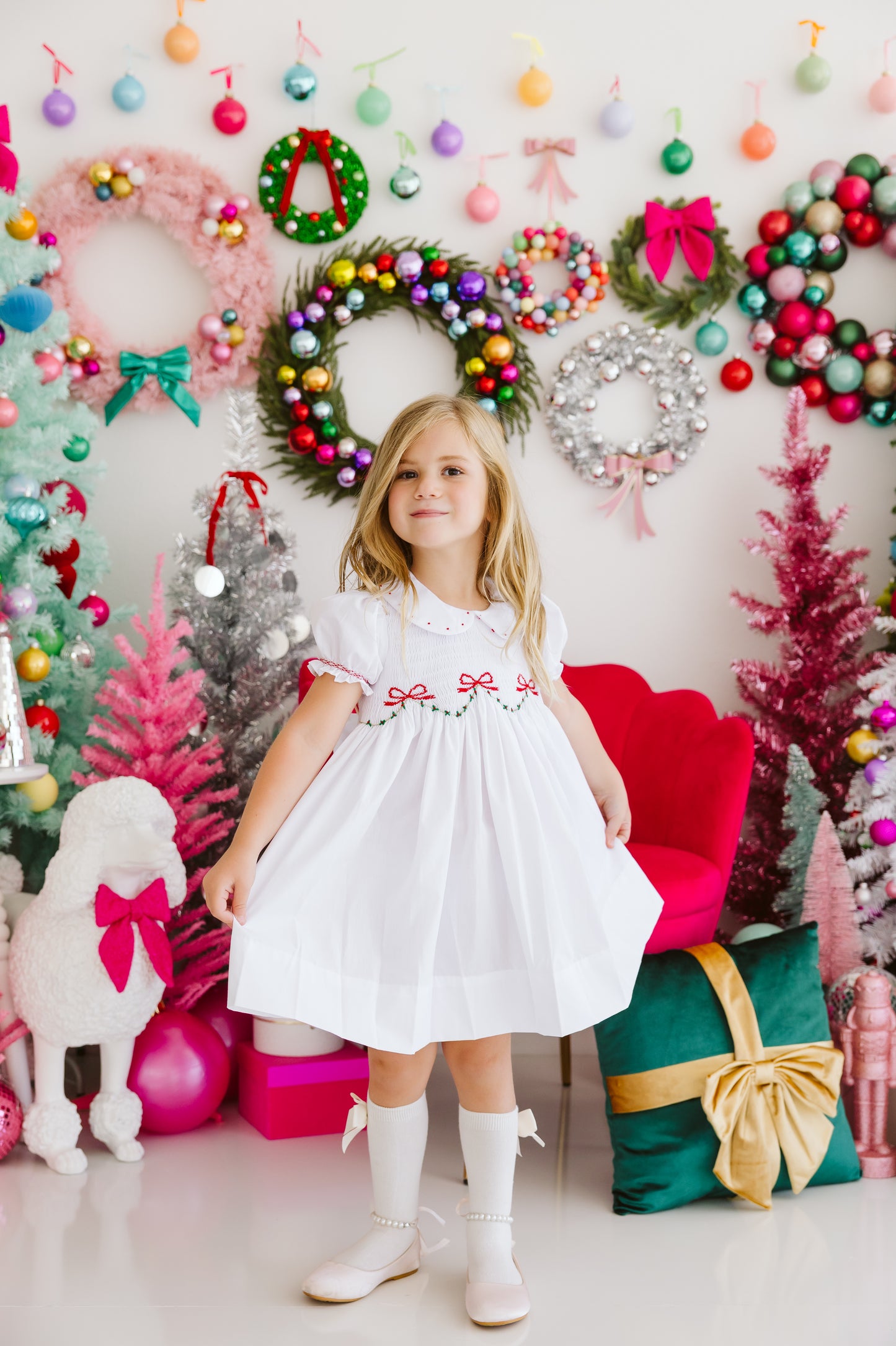 White Smocked Heirloom Christmas Ribbons Dress