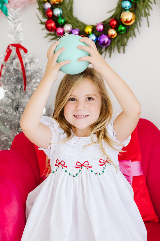 White Smocked Heirloom Christmas Ribbons Dress