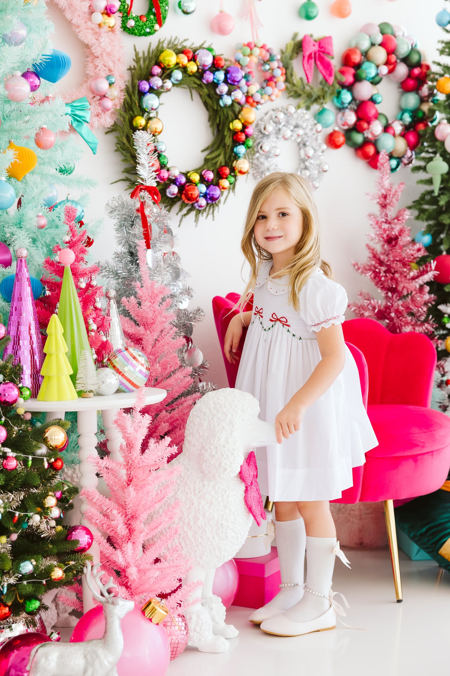 White Smocked Heirloom Christmas Ribbons Dress