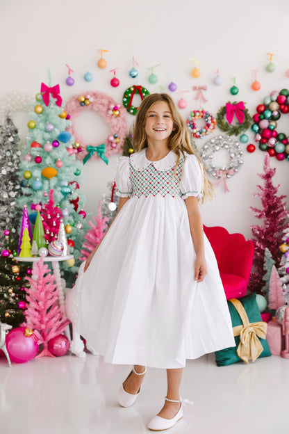 Channing Dress-Red & Green Christmas Smocked w/Collar