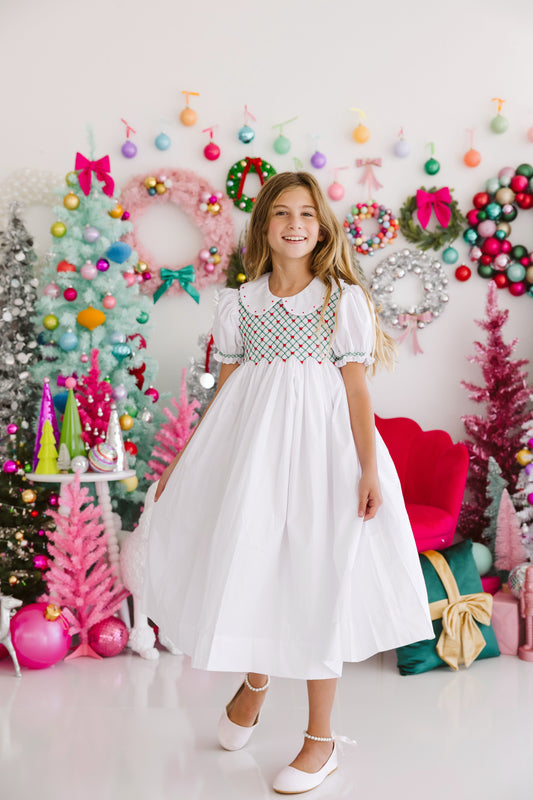 Channing Dress-Red & Green Christmas Smocked w/Collar